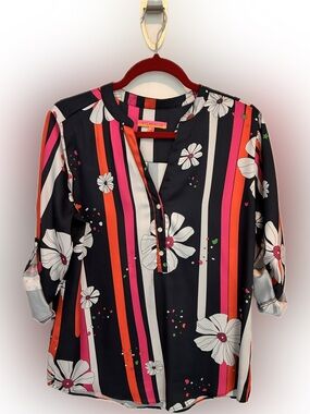Vilagallo Navy/White Floral Stripe Popover Blouse - Pink & Orange